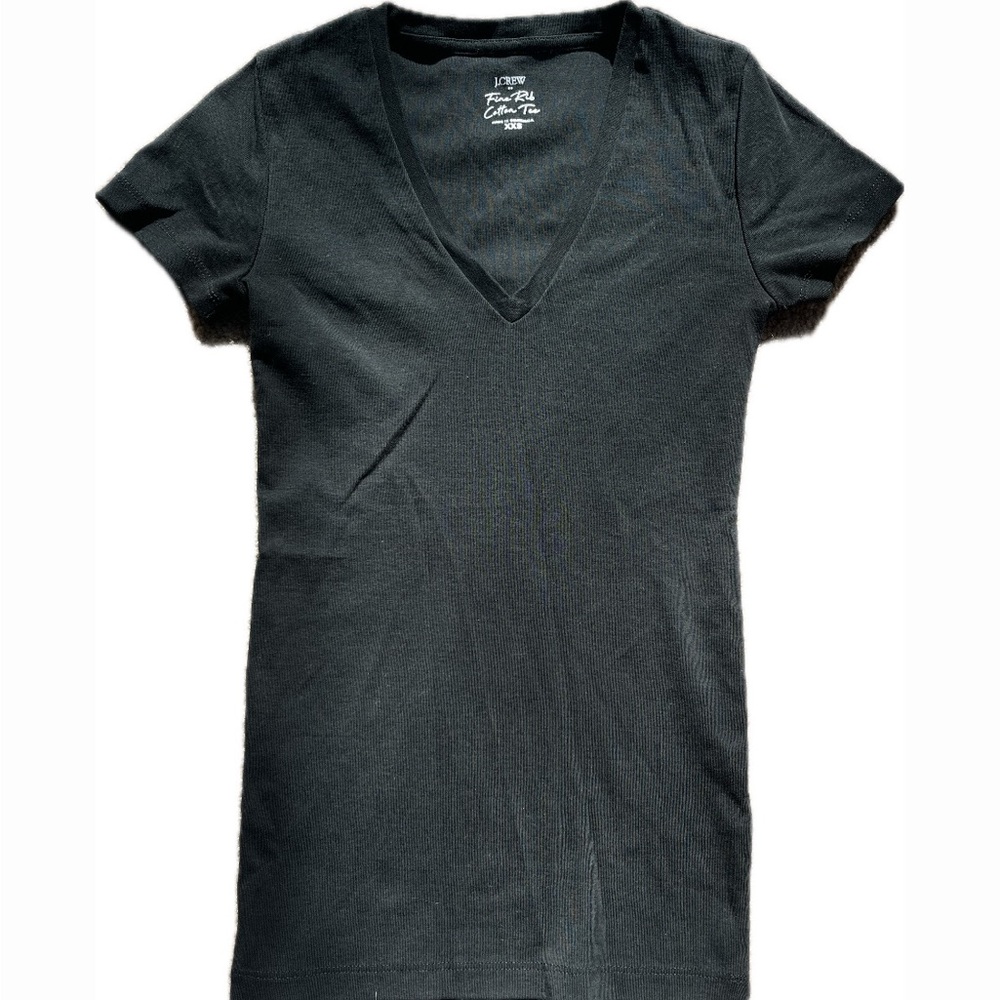 J Crew Fine Rib Cotton Fitted V Neck Tee Black XXS